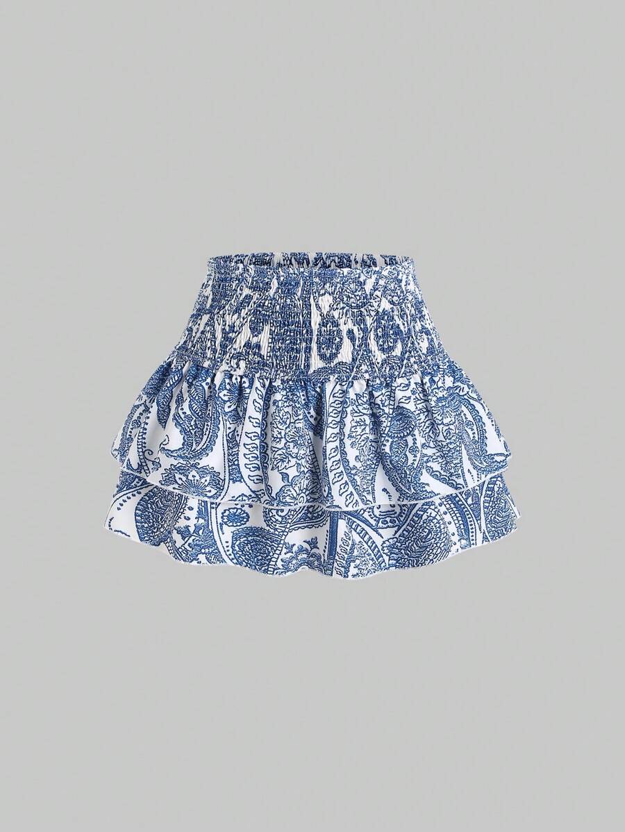 Sweetra Spring/Summer Casual Cashew Flower Pattern High Waist Pleated Ruffles Hem Short Skirt For Women - Blue - View 1