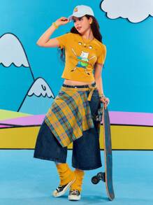 Adventure Time X ROMWE 女式 Y2K 可爱有趣新奇卡通图案 T 恤 - 黃色 - 查看 2