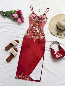 Soleia Women's Floral Print Lace Patchwork Elegant Spaghetti Strap Dress Red Summer Dress Red Floral Dress Vacation Dress Red Dress