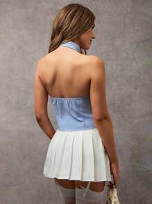 Avenya Women Striped Faux Collar Open Back Halter Top - Blue and White - View 2
