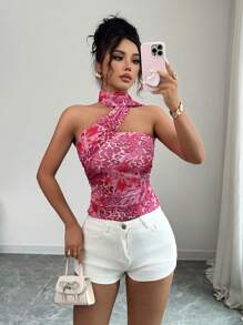 SHEIN Elenzya Áo len họa tiết hoa cổ điển dành cho nữ, kỳ nghỉ hè - Màu Hồng Tươi - Xem 5