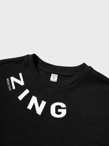 SHEIN Tween Boys' Colorblock Letter Streetwear Print Black Short Sleeve T-Shirt,Casual Sporty Comfortable Soft Fabric,Suitable For School,Travel,Summer - Black - View 5