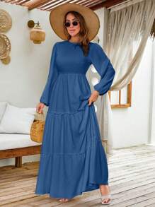 LANTERN LONG SLEEVE LAYERED LONG DRESS - Navy Blue - View 4