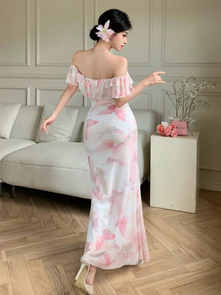 1pc Off-The-Shoulder Flounced Short Sleeve Dress Women, Butterfly Print Fishtail Waisted A-Line Long Dress Off Shoulder