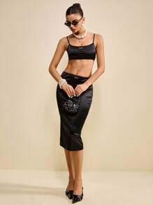 Muvela Women's Versatile Stretch Satin Cami Top Black Crop Top Women Crop Top Built In Bra Top Club - Black - View 9