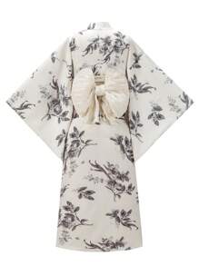 Irokai 花卉印花交叉裹身优雅蝙蝠袖浴衣 - 杏色 - 查看 2