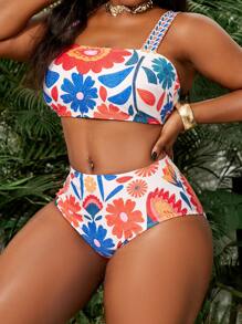 Slaydiva Plus Size Women Floral Printed Beach Vacation Split Bikini Set For Summer