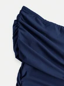 SHEIN Girlism 少女蓝色优雅复古，返校/派对服装，生日服装，舞会礼服，针织单肩褶皱长裙 - 藏蓝色 - 查看 3