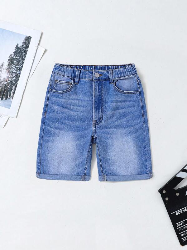SHEIN Tween Boys Medium Wash Denim Cuffed Hem Summer Casual Shorts Boys Elastic Waist Denim Shorts