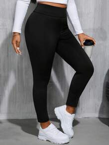 SHEIN Tall CURVE 大码女式春秋休闲运动高腰高弹力舒适黑色修身紧身裤，女式下装，街头服饰，曲线裤，基本款裤子，秋季，Y2k 裤子 - 黑色 - 查看 4