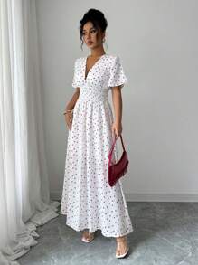 Elenzga Vestido largo con cordón, escote profundo y plisado, con estampado de corazones, para mujer de verano - Blanco - Ver 5