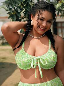Swim Mod Plus Size Women Floral Spaghetti Strap Bikini Top For Summer Beach Vacation - Green - View 1