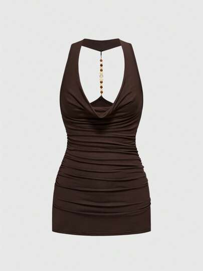 Fairycore Top con cuello drapeado, espalda descubierta, paneles con cuentas y drapeado vintage y sexy