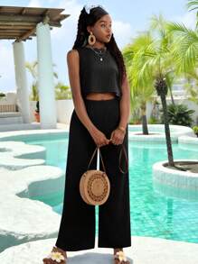 SHEIN Conjunto de 2 piezas para adolescentes formado por un chaleco sin mangas de unicolor tejido y pantalones anchos de pierna ancha de unicolor - Negro - Ver 7