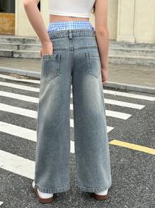 SHEIN Vintage American Style Baggy 2 In 1 Jeans For Tween Girl - Blue - View 2