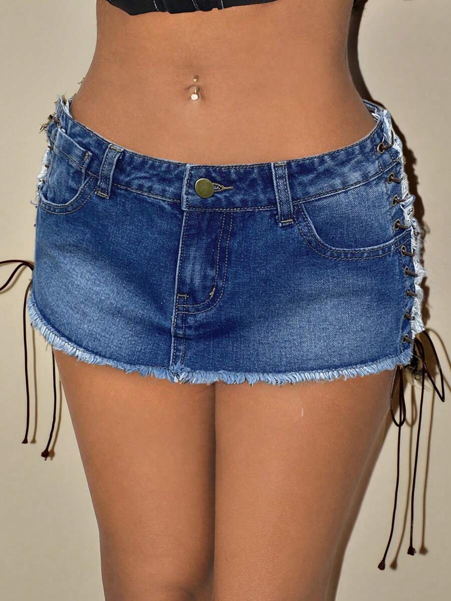 SHEIN ICON 性感迷你牛仔系带裙 - 深色水洗藍 - 查看 1