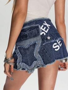 ROMWE Street Life Y2K 朋克流行垃圾摇滚口号印花复古水洗牛仔迷你裙 - 藍色 - 查看 6