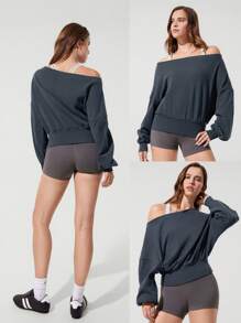 GLOWMODE 日常毛圈布休闲柔软透气吸汗短款宽松紧身下摆露肩运动衫健身房日常运动休闲装 - Iron Gray - 查看 6