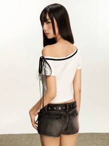 Rina Fox 女士标语印花不对称肩部短袖时尚T恤，夏季 - 白色 - 查看 3