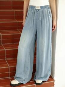 Sparklyn Teen Girl Blue Denim Effect Wide Leg Pants, Casual, Versatile, Lightweight For Spring & Summer, School, Campus, College Fall Winter - Blue - View 6