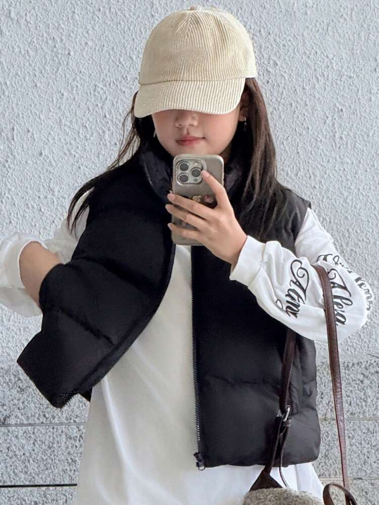 Tween Girls' Sleeveless Solid Color Padded Vest, Casual For Winter