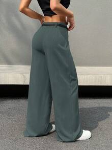 SHEIN EZwear 女士高腰系带阔腿休闲办公裤，灰色 - 灰色 - 查看 2