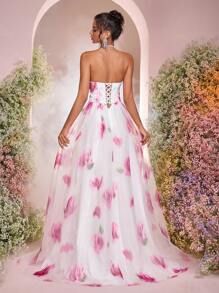 Glamrae Vestido Longo Maxi com Fenda em A, Estampa Floral Vermelha Elegante, Romântica e Luxuosa em Organza com Decote Ombro a Ombro e Decoração de Pérolas, Adequado para Férias, Convidado de Casamento, Baile de Formatura e Gala Formal à Noite