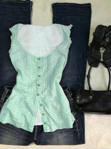 INAWLY Women Polka Dot Print Sleeveless Casual Blouse - Green - View 1
