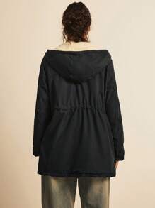 Freevana Plus Drawstring Waist Dual Pocket Teddy Lined Hooded Coat, For Winter Fall Autumn - Black - View 2