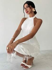 Firerie 女士优雅浪漫精致约会派对节日舞会礼服，蝴蝶 3D 网眼无袖露背白色长裙，毕业礼服 - 白色 - 查看 8