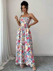 Elenzga Abito casual da donna a bretelle con stampa floreale, adatto per le vacanze