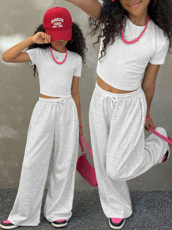 Coolane Kids Dziewczyny w wieku szkolnym Wiosna/Lato Streetwear Minimalistyczny Szary Gorset Slim Fit Koszulki Proste Nogawki Baggy Średni Stan Proste Spodnie Dwuczęściowe Stroje