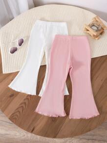 SHEIN Vintaside Kids 2 件套女婴休闲舒适黑色和卡其色不对称下摆裤带蝴蝶结装饰，夏季 - 白色 - 查看 2