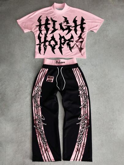 PAVTROS Conjunto de camiseta desgastada y pantalones largos para hombre, estilo streetwear