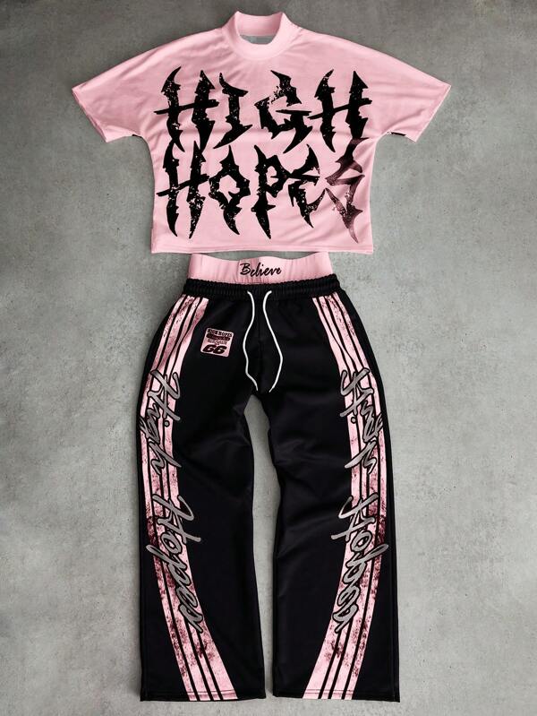 Manfinity Streetrush Men's Distressed T-Shirt And Long Pants Set, Streetwear Style