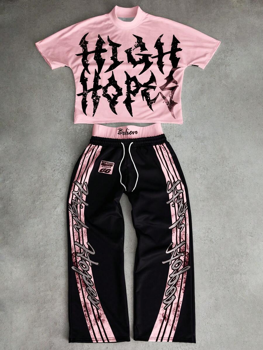 PAVTROS Manfinity Streetrush Men's Distressed T-Shirt And Long Pants Set, Streetwear Style - Multicolor - View 1