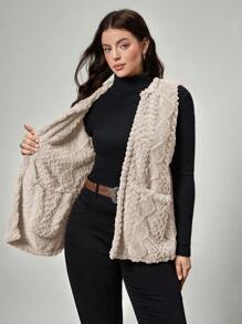 SHEIN LUNE Áo vest nữ cỡ lớn, thường ngày, có họa tiết lông xù, túi đôi, mở phía trước, thích hợp cho mùa thu, quần áo thu cỡ lớn, áo vest nữ, áo vest lông xù, áo vest lông giả, áo len cardigan không tay - Màu Khaki - Xem 3