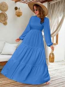 EURMUSE LANTERN LONG SLEEVE LAYERED LONG DRESS - Blue - View 3