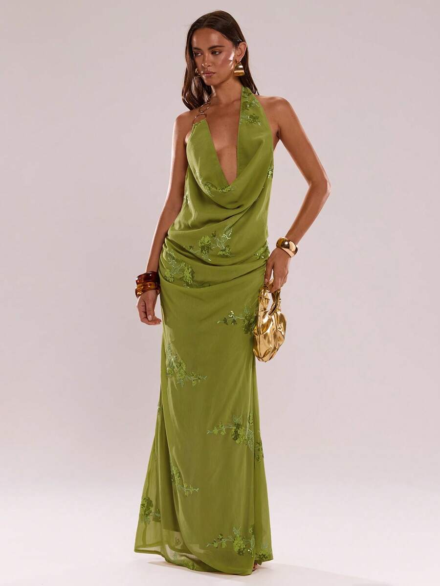 SHEIN BAE Women's Summer Green Flowers Gorgeous Sequins Plunging Neckline Sexy Fashion Halter Elegant Tops,Birthday,Vacay, Gorgeous Top - Green - View 1