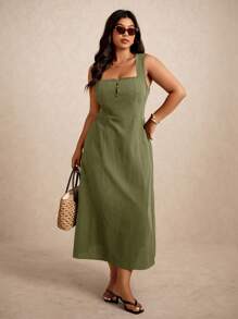 Elaquor 大码休闲纯色无袖连衣裙 - 軍綠色 - 查看 5