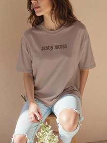 INAWLY Plus Size Summer Casual Loose Short Sleeve T-Shirt With Slogan Print And Drop Shoulder Design, GOOD NEWS, JESUS SAVES FOR GOD SO LOVED THE WORLD THAT HE GAVE HIS ONE AND ONLY SON, THAT WHOEVER BELIEVES IN HIM SHALL NOT PERISH BUT HAVE ETERNAL LIFE FOR GOD DID NOT SEND HIS SON INTO THE WORLD TO CONDEMN THE WORLD, BUT TO SAVE THE WORLD THROUGH HIM JOHN Graphic Tees Women Tops - Khaki - View 2