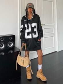 SHEIN EZwear Sweatshirt ample à manches longues, col en V, imprimé lettre, décontracté, grande taille