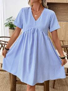 EMERY ROSE 女式优雅条纹V领短袖A字迷你连衣裙