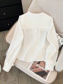 SHEIN Teen Girls Elegant White Lace Trim Collared Long Sleeve Blouse For Graduation Fall Winter