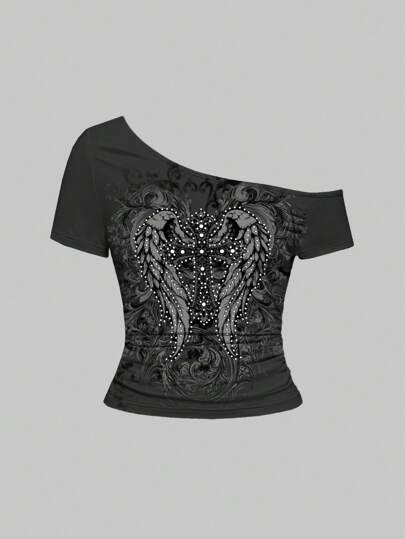 Grunge Punk Punk Style Asymmetrical Neck Sexy Ruched Waist Short Sleeve T-Shirt For Women