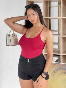 DAZY 加大码女式纯色弹力裹身勃艮第酒红色紧身衣，性感 - 紅色 - 查看 4