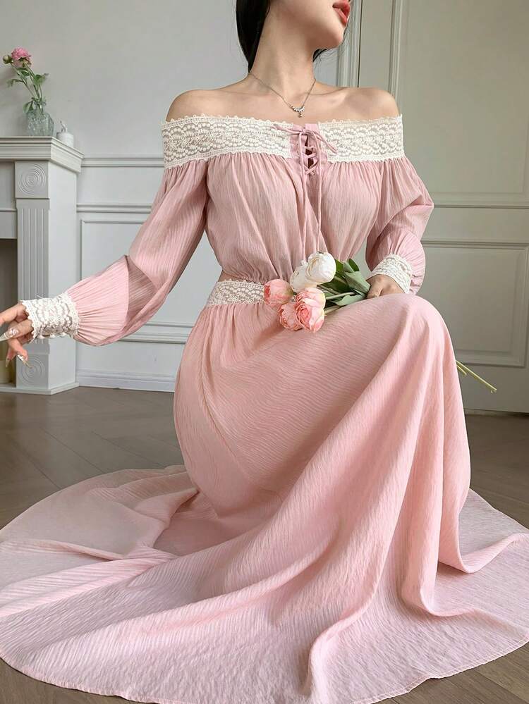 Women's Summer One Shoulder Lace Splice Long Sleeve Top And Maxi Elegant Skirt 2-Piece Vacation Dress Set Off Shoulder Top