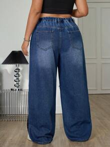 SHEIN EZwear 大码休闲水洗拼色磨边牛仔裤 - 藍色 - 查看 2