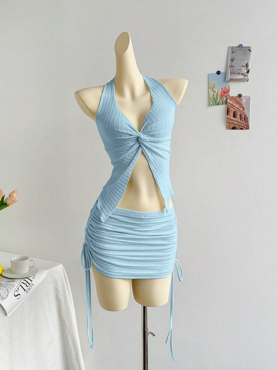 Soleia Bộ trang phục hai mảnh hở lưng cổ chữ V kết cấu mùa xuân/hè và váy ngắn xếp nếp, gợi cảm cho phụ nữ dự tiệc/hẹn hò/mùa hè, phù hợp cho kỳ nghỉ, lễ hội âm nhạc, phong cách Bohemian - Màu xanh nhạt - Xem 1