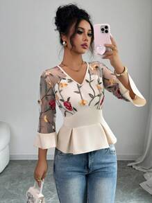 Selianne 女式V领上衣，网眼拼接，荷叶边下摆，腰部收紧 - 杏色 - 查看 6